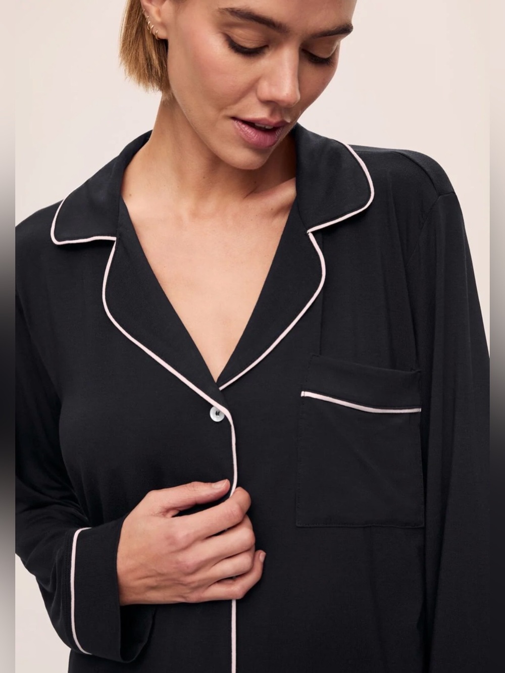 Eberjay Gisele TENCEL™ Modal Long PJ Set Classic Black Piped Pajama Women Medium - Picture 3 of 10